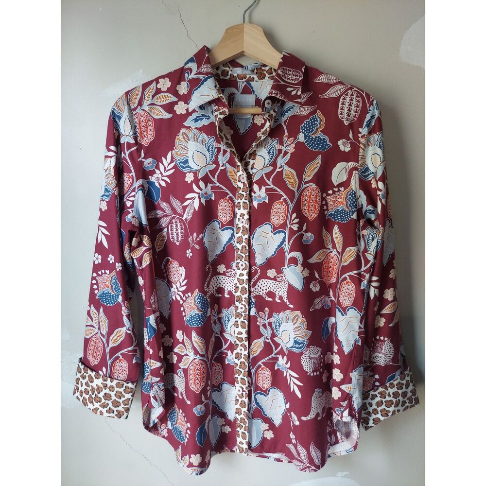 Chico's Womens Leopard Floral Button Up Burgundy Shirt No Iron Sz 0 Chic Stretch